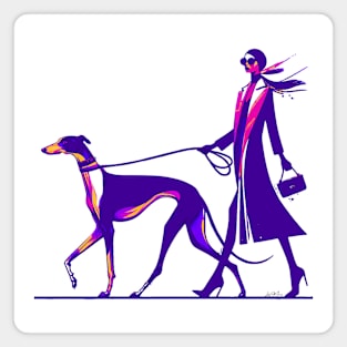 Lady Walking Greyhound Dog Retro Magnet